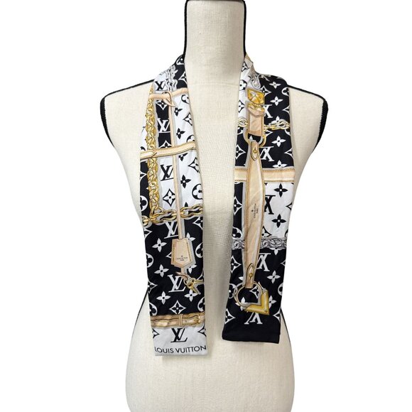 Louis Vuitton Monogram Chain Print Silk Bandeau Scarf Black/White - Picture 1 of 6